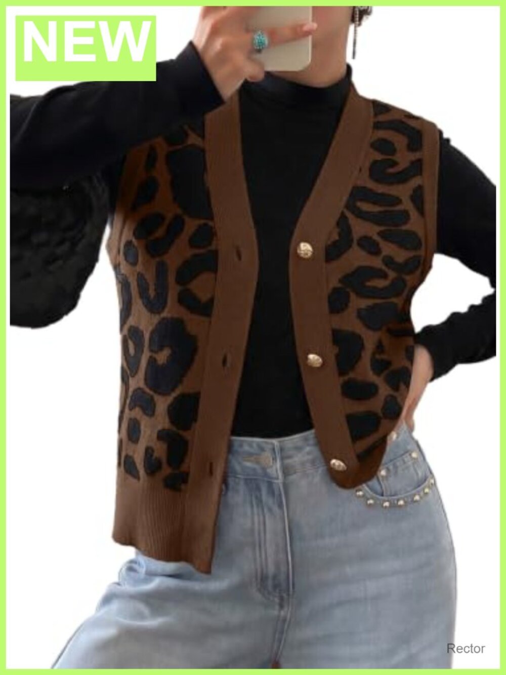 Womens V Neck Button Up Leopard Print Sweater Vest Sleeveless Knit Cardigan
